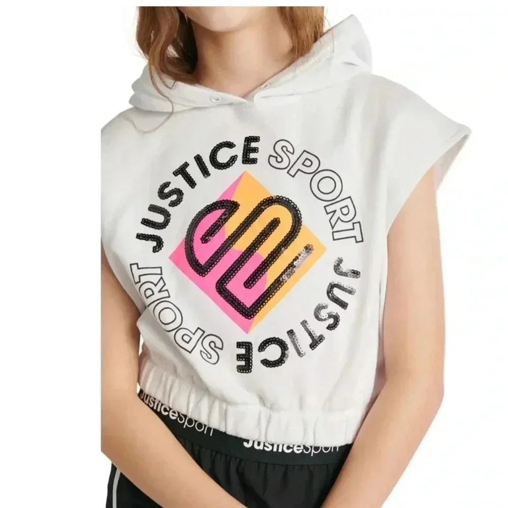 Justice Girls J-Sport Cut Off Hoodie Size Small (7/8) White Black Sequins
